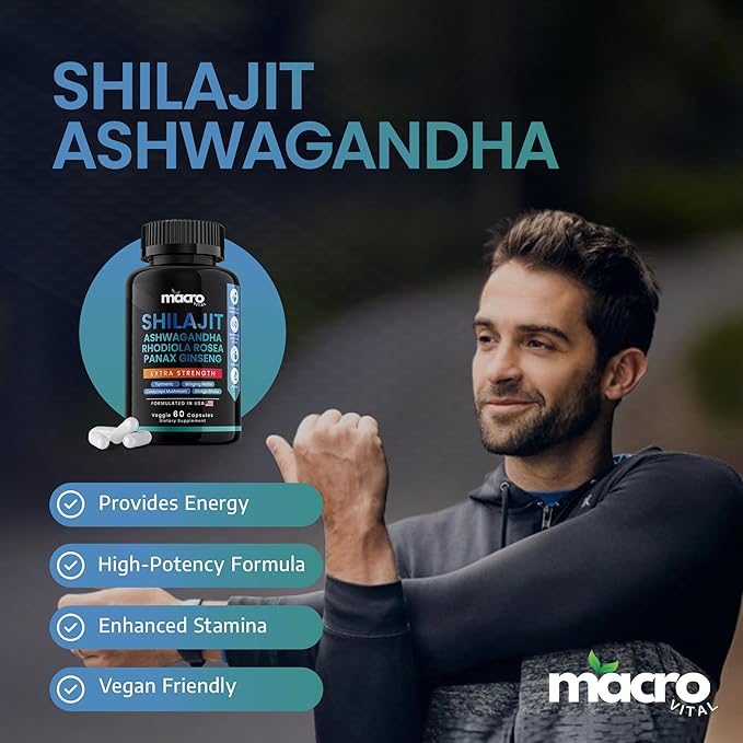 Pure Himalayan Shilajit for Men and Women 8-in-1 Supplement, Organic Himalayan Shilajit Capsules with Ashwaganda, Rhodiola Rosea and Panax Ginseng for Energy-Stamina- 60 Veggie Capsules