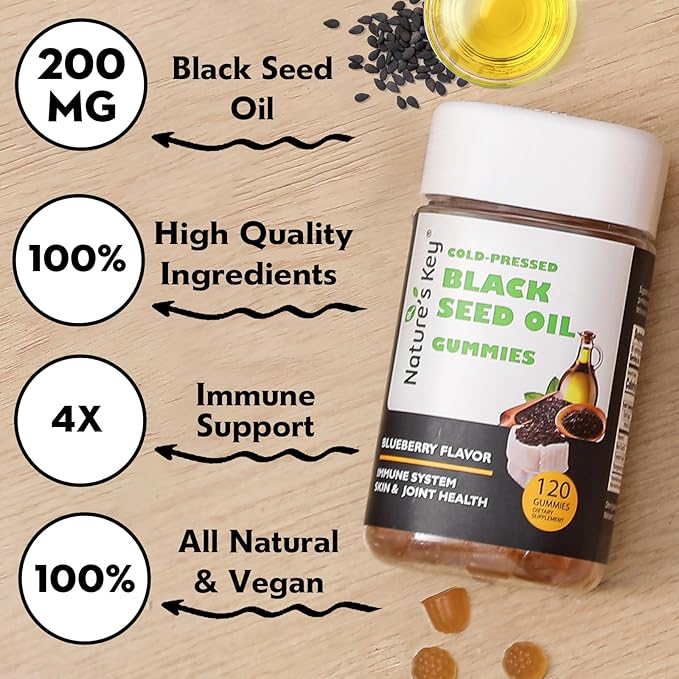 Nature's Key Black Seed Oil Gummies,Support Immunity, Joints, Digestion, Hair & Skin | Cold-Pressed, with 200mg Nigella Sativa Seed Oil, Vitamin C, Ginger, Pomegranate (Blueberry Flavor 120 Count)