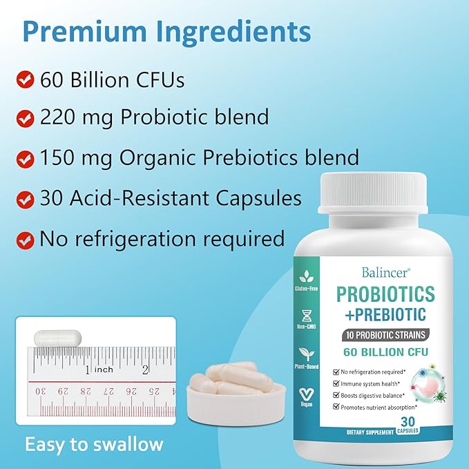 Probiotics and Organic Prebiotics for Women & Men, 60 Billion CFUs 10 Strains, Support Digestive & Gut Health, Gas & Bloating, 30 Capsules