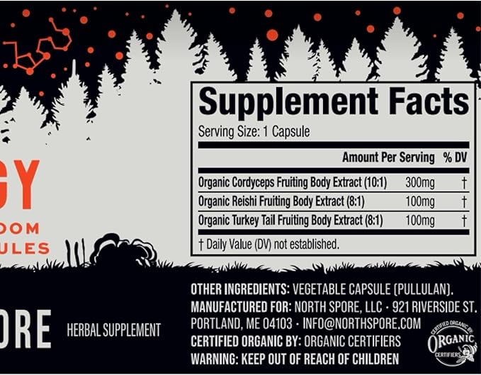 Organic ‘Energy’ Mushroom Supplement | Stamina & Endurance | 60 Day Supply | High Potency Blend | Cordyceps, Reishi, Turkey Tail | 100% Fruiting Body Extracts | Vegan, Non-GMO | Made in USA
