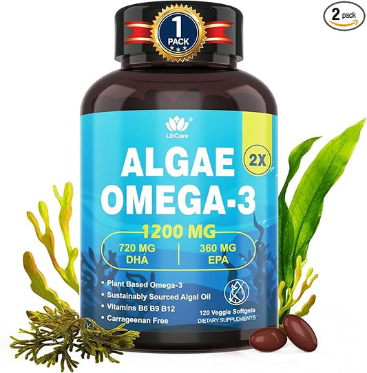 Fish Oil Alternative 1200mg - Vegan Omega-3 Supplement for Adults, Algae Oil Science Backed 2:1 Ratio DHA 720mg EPA 360mg, Plant Based Omega-3 Softgels for Brain Eye Immunity, Vegan 240Cts