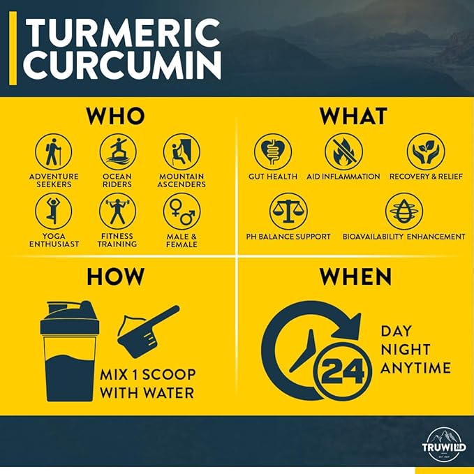 TruWild Vegan Turmeric Curcumin Drink Mix Powder with Organic Curcuminoids Black Pepper Ginger to Support Wellness and Joint Health, All Natural Made in USA, 20 Servings