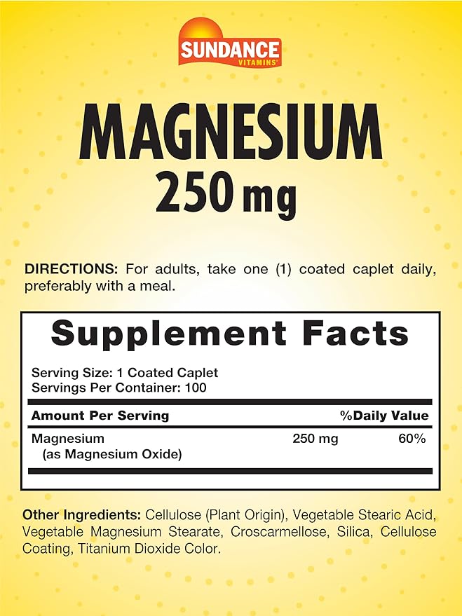 Sundance Magnesium Supplement | 250mg | 100 Caplets | Essential Mineral Formula | Vegetarian, Non-GMO, & Gluten Free