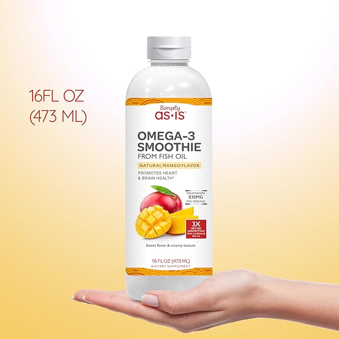 AS-IS Simply 16 fl oz (31 Servings) | Omega-3 Smoothie from Fish Oil | Promotes Heart & Brain Health | Dairy & Sugar Free | Natural Mango Flavor