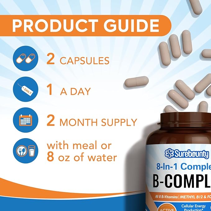 8-in-1 Vitamin B Complex Capsules for Women & Men, Super B Complex Vitamins, B12, B1, B2, B3, B5, B6, B9, Biotin, Folate, Methylated Forms, Energy, Nerve, Blood Support, 120 Caps