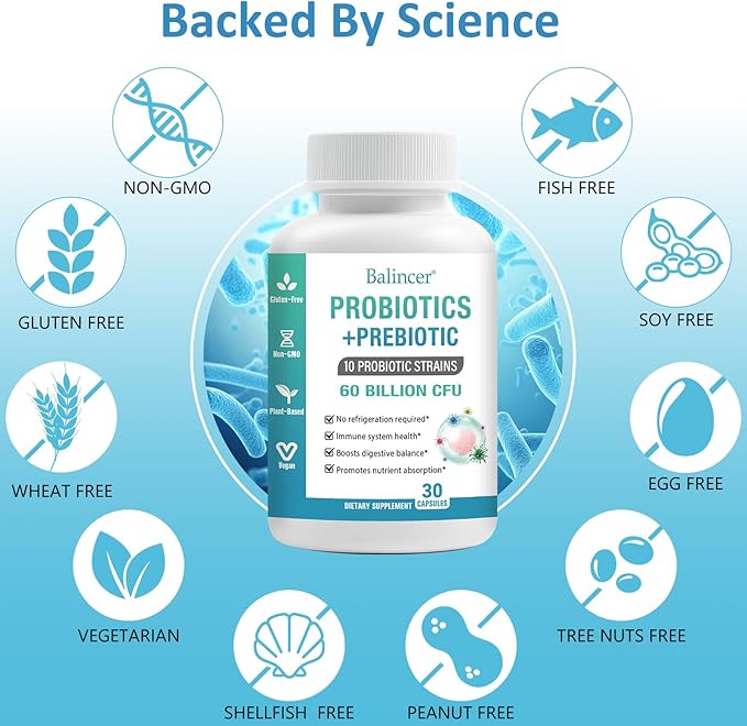 Probiotics and Organic Prebiotics for Women & Men, 60 Billion CFUs 10 Strains, Support Digestive & Gut Health, Gas & Bloating, 30 Capsules