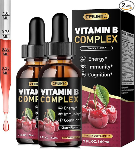 (2 Pack) Vitamin B Complex Liquid Drops, B Vitamins Complex Supplement with B1, B2, B3, B5 B6, B7, B9 & Methyl B12 Drops for Adults & Kids, Vegan, Cherry Flavor