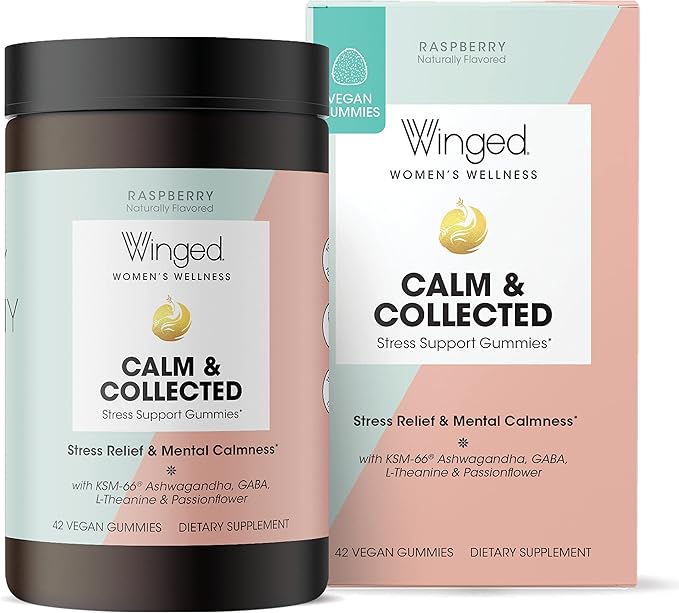 Winged Wellness Calm & Collected, Stress Relief Gummies - Stress Support Supplement with KSM-66 Ashwagandha, L-Theanine, GABA & Passionflower - Vegan & Gluten-Free Gummy - Raspberry, 42 Count