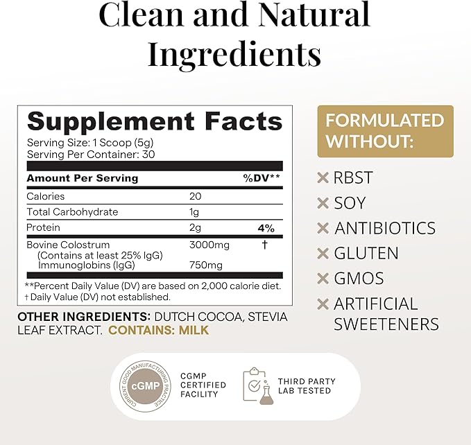 Bovine Colostrum Powder (Chocolate) Grass Fed Colostrum Supplement for Gut Health, Immune Support Healthy Hair, Skin & Nails - 30 Servings