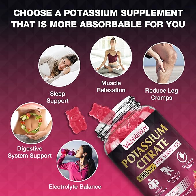 2 Pack Potassium Citrate Gummies, High Potassium Supplement (1000mg), Supports Leg Cramps & Muscle Health, Suitable for Adults & Kids, Vegan, Non-GMO, 120-Count