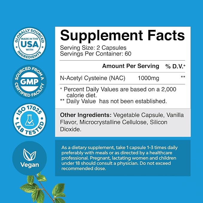 NAC Supplement N-Acetyl Cysteine 1000mg - Vegan High Absorption Non-Smelly NAC 1000mg Capsules Glutathione Precursor for Liver Cleanse Detox & Repair plus Lung Health and Immunity Support (2 Months)
