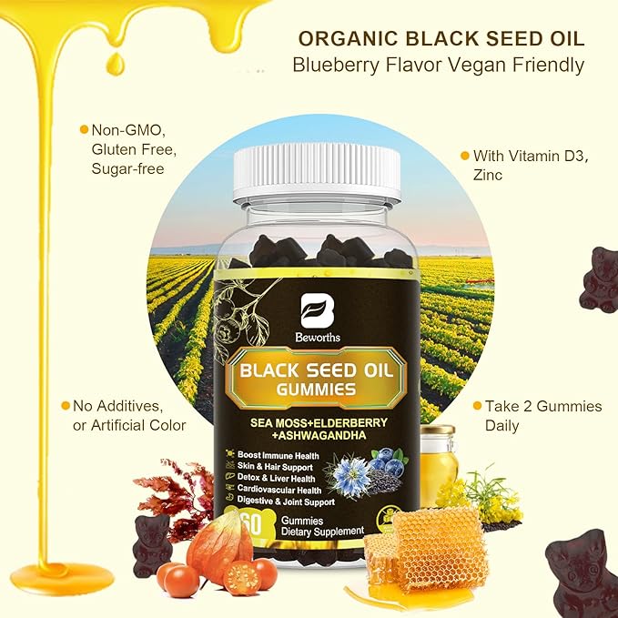 Black Seed Oil & Sea Moss Gummies, Organic Irish Sea Moss Gummies with Ashwagandha, Black Seed Oil, Elderberry, Turmeric, Vitamin D3/C and Zinc - Support Joints, Digestion, Hair & Skin