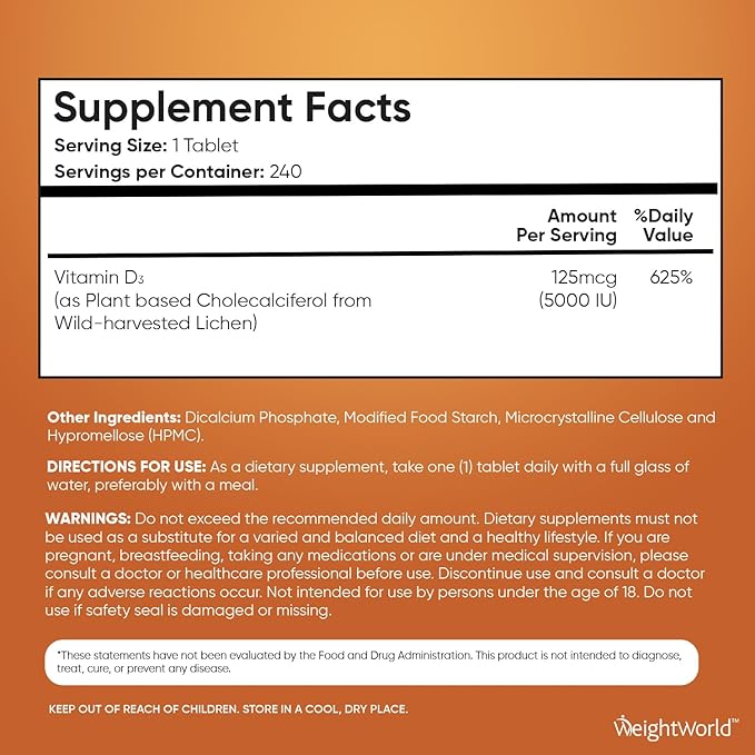 WeightWorld Vitamin D3 5000 IU (125mcg) - 240 Vegan Tablets (8 Months Supply) - Plant-Based from Lichen - Vitamin D for Bone & Immune Health - Highly Bioavailable D3 Supplement - Non-GMO & Gluten-Free