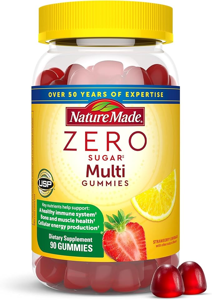 Nature Made Zero Sugar Multivitamin Gummies, Daily Nutritional Support Vitamin Supplements, Aspartame Free, 90 Sugar Free Gummies, 45 Day Supply