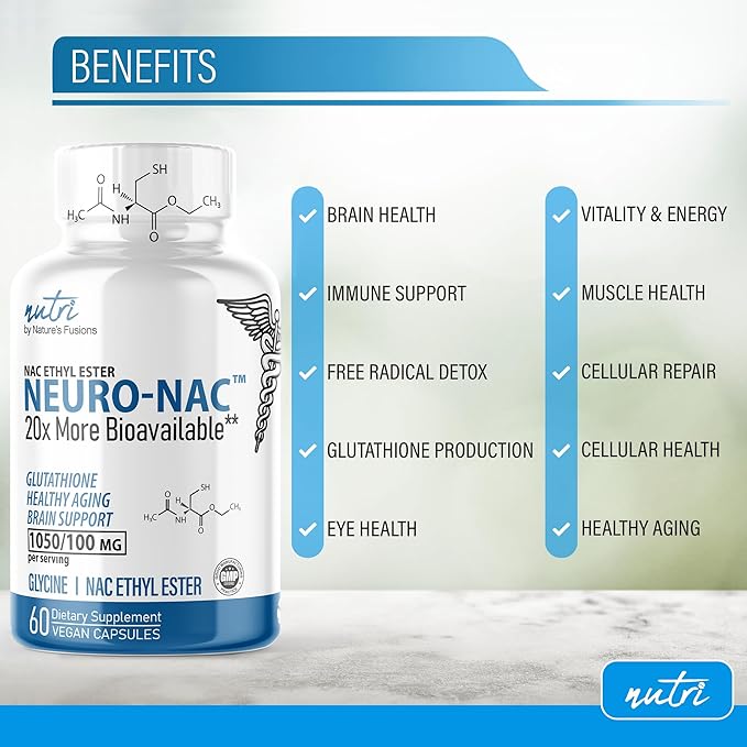 Neuro NAC Supplement N-Acetyl Cysteine Ethyl Ester - 20x More Bioavailable Than NAC 600 mg - Boost Glutathione 10x More Than Liposomal Glutathione - N Acetyl Cysteine Ethyl Ester - NACET (60 Capsules)
