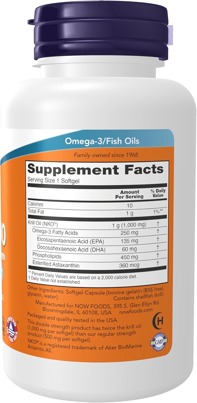 NOW Foods Supplements, Neptune Krill, Double Strength 1000 mg, Phospholipid-Bound Omega-3, 60 Softgels
