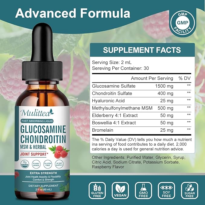 Glucosamine Chondroitin MSM Liquid Drops-w/Elderberry, Boswelia &Hyaluronic Acid-Extra Strength Joint Support Supplement for Mobility, Flexibility & Bones,High Absorption,60ml (2 fl oz)