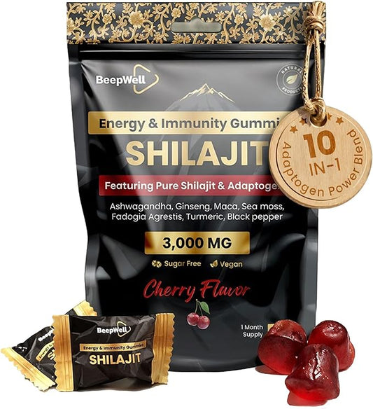 Pure Himalayan Shilajit Gummies Gold Grade Shilajit Riched with Ashwagandha Fulvic Acid & 85+ Trace Minerals - No Added Sugar - Individually Wrapped - for Men & Women - 60 Gummy
