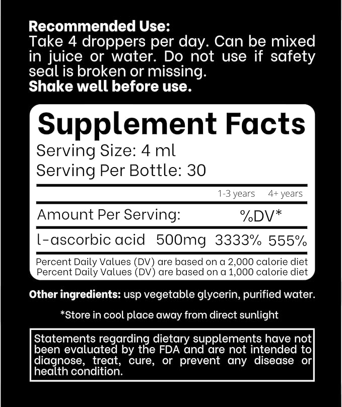 Liquid Vitamin C - High Dose - Vitamin C Drops - for Adults and Kids - 500 mg - Liquid VIT C - Non GMO - Vitamin C Liquid Supplement (4 fl oz 120 ml)