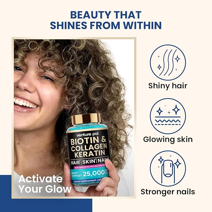 Venture Pal Biotin Gummies with Collagen & Keratin - Hair Growth Support Skin and Nail Strength Vitamins for Women & Men - Biotin 10000mcg | B-Complex | Saw Palmetto - Sugar Free, Non-GMO, 60ct