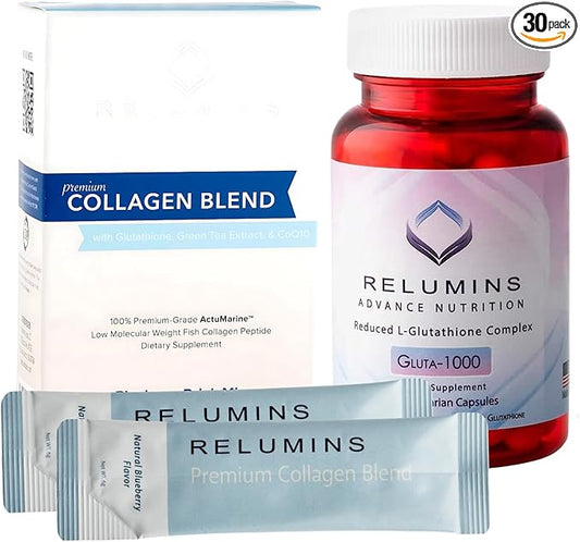 Relumins New Premium Collagen 10 Pack and Gluta-1000 30 Capsules 3 Collagen Flavors!! (Blueberry)