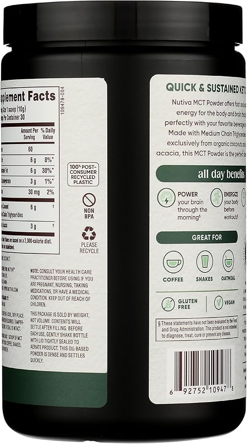 Nutiva Organic MCT Powder with Prebiotic Acacia Fiber, Classic, 10.6 Oz, USDA Organic, Non-GMO, Non-BPA, Vegan, Gluten-Free, Keto & Paleo, Instant Beverage or Boost to Coffee & Smoothies