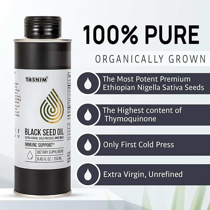 100% Ethiopian BlackSeed Oil 8.45 Oz - Cold Pressed Black Seed Oil for Immune Support, High Potency 5.7% - 21% Thymoquinone Skin, Hair & Overll Health - Unrefined Black Cumin Seed Oil - Gluten Free