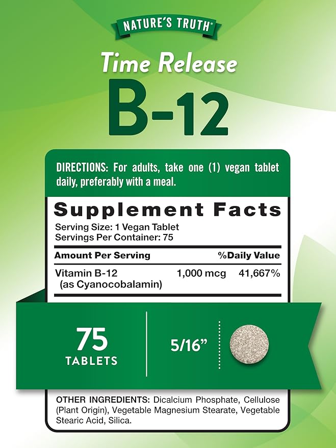 Nature's Truth Vitamin B12 1000 mcg | 75 Timed Release Tablets | Vegan, Non-GMO & Gluten Free Supplement