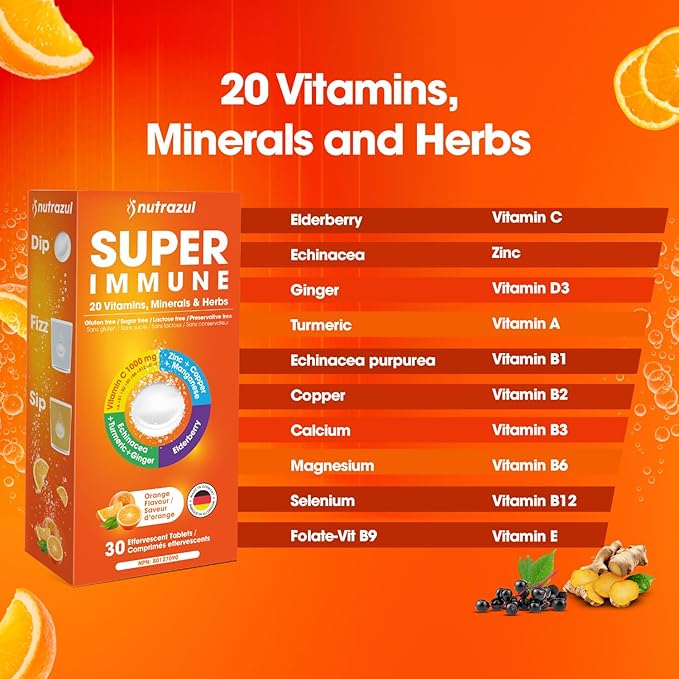 nutrazul Super Immune Effervescent Tablets | Maintains Immune Function & Antioxidant Support | 20 Vitamins, Minerals and Herbs | Orange Flavour | 30 Tablets