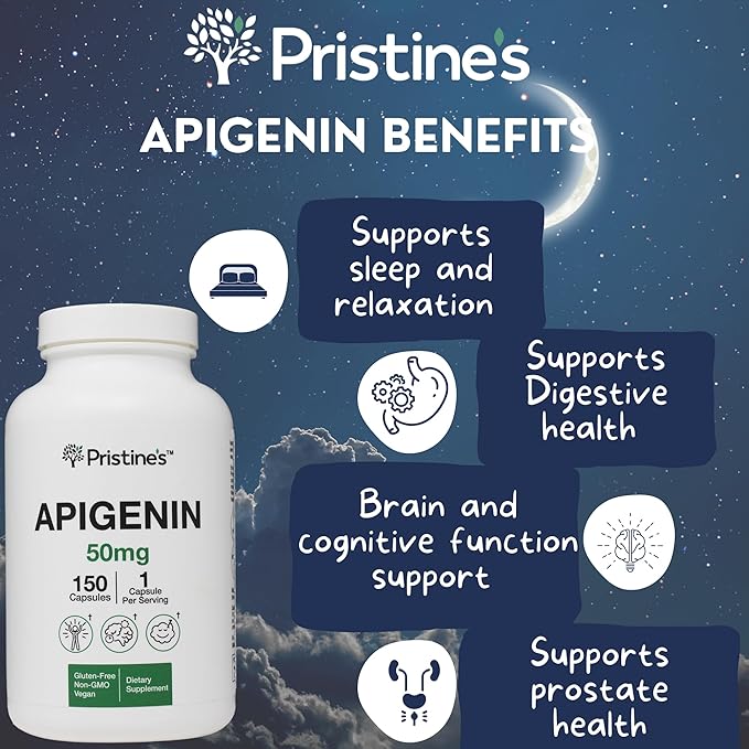 PRISTINE'S Apigenin Supplement for Sleep Capsules - 50mg 150 Day Supply - Prostate & Sleep Support Found in Chamomile Powder for Relaxation, Healthy Aging, Brain & Heart Health, & Immunity