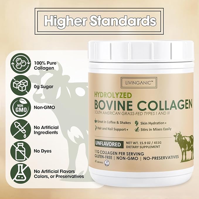Hydrolyzed Bovine Collagen,15.9oz Types I & III, Grass-Fed, Pasture-Raised Protein, Zero Sugar Supplement for Healthy Skin, Nails, Bones & Joints Unflavored 41 Servings