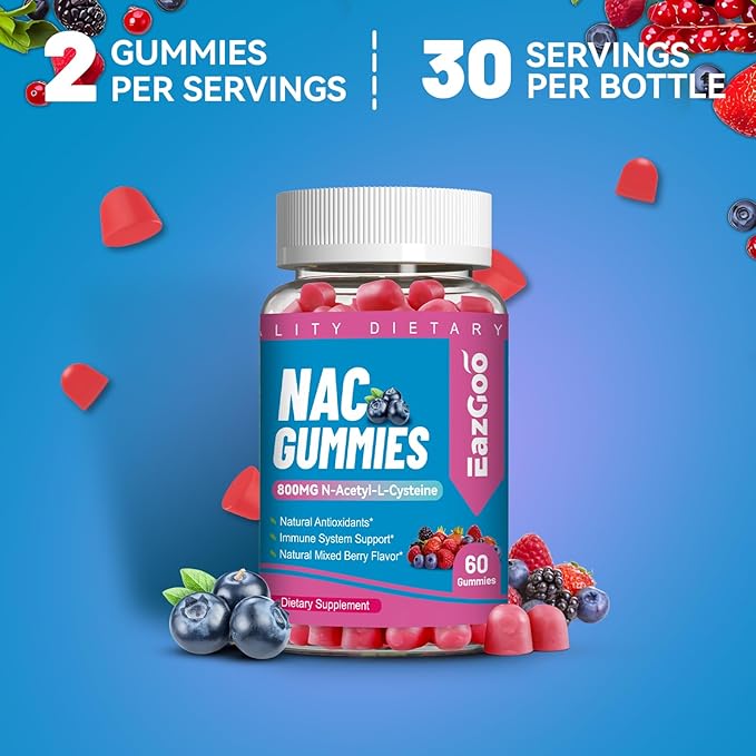 NAC Gummies 800mg, N-Acetyl Cysteine Supplement, NAC Supplement for Immune System & Antioxidant, Non-GMO, Gluten Free, Vegan - 60 Counts