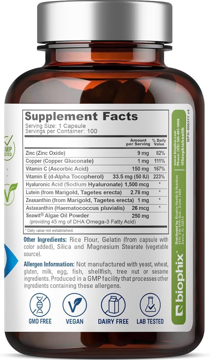 biophix Retinal Support Maximum Strength Complex Formula 100 Capsules - Zinc Vitamin C E Lutein DHA Omega-3 Astaxanthin Hyaluronic Acid - Supports Eye Vision Health
