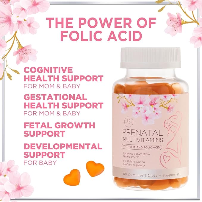 Prenatal Vitamins for Women with DHA & Folic Acid - Best Prenatal Multivitamin Gummies for Women, Brain Development Support, Folate, Vitamin C, D3 & B12, Pre Natal Pregnancy Supplement - 60 Gummies