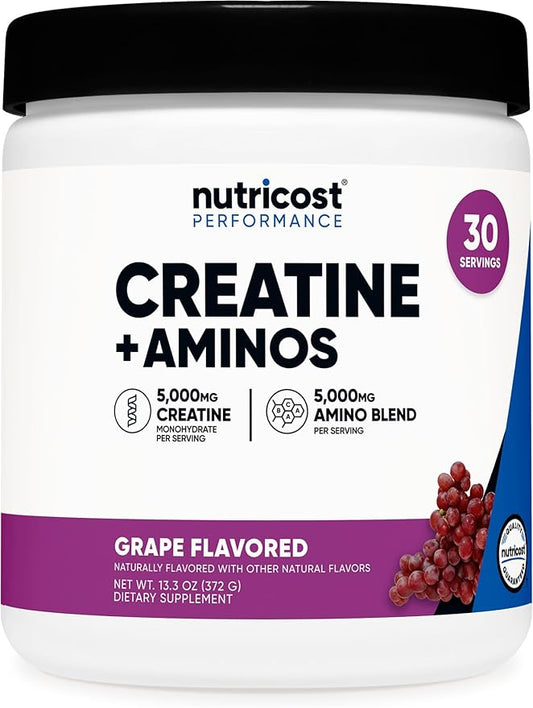 Nutricost Creatine + Aminos 30 Servings (Grape Flavored) - 5,000mg Creatine Monohydrate + 5000mg Amino BCAA Blend Per Serving