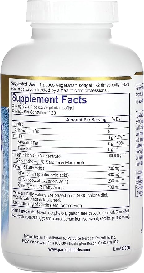 Paradise Herbs Omega-Sure, Omega-3 Concentrate, Premium Fish Oil, DHA, EPA, Vegan, Non GMO, Gluten Free, 120 Count Vegetarian Softgels