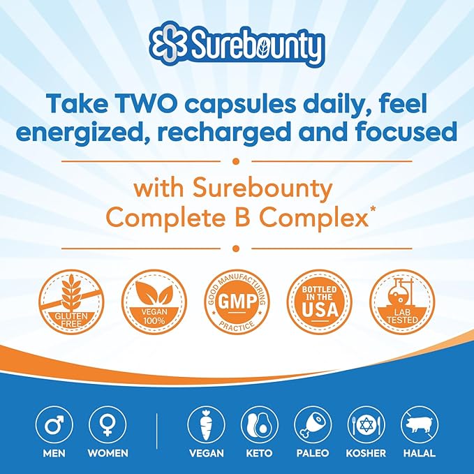 8-in-1 Vitamin B Complex Capsules for Women & Men, Super B Complex Vitamins, B12, B1, B2, B3, B5, B6, B9, Biotin, Folate, Methylated Forms, Energy, Nerve, Blood Support, 120 Caps