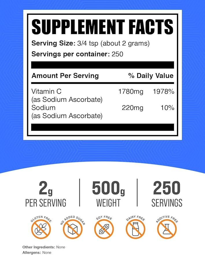 BulkSupplements.com Sodium Ascorbate Powder - for Immune Support, Sodium Ascorbate Vitamin C - Buffered Vitamin C, Gluten Free, 2000mg per Serving, 500g (1.1 lbs) (Pack of 1)