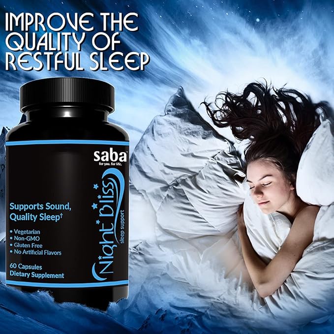 Saba Night Bliss Natural Sleep Aid | Non-Habit Forming | Sleep Supplement for Longer Sleep & Stress Relief w/Magnesium, Melatonin, GABA, Chamomile, & Valerian (60 Vegan Capsules, 30 Day Supply)