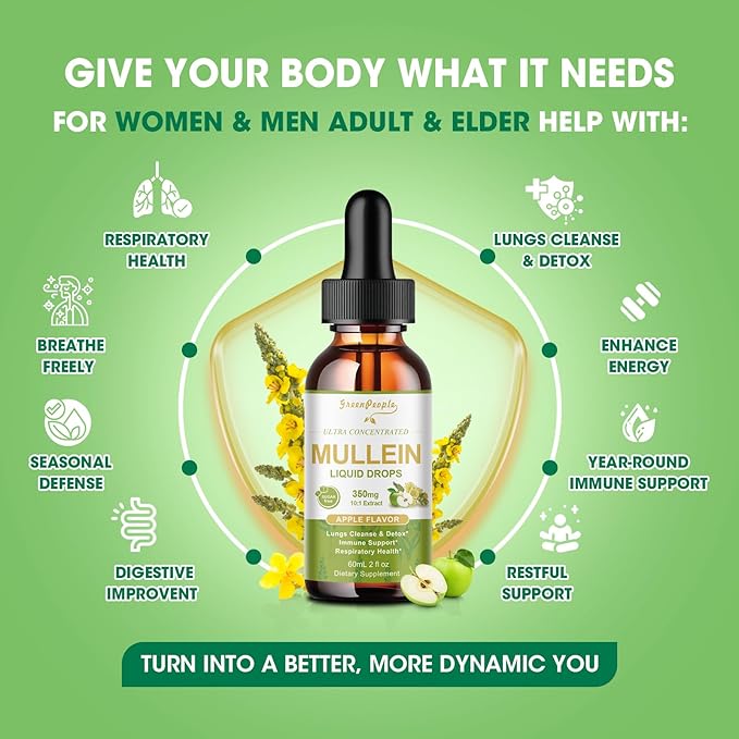 Mullein Leaf Extract Drops - 13-in-1 Botanical Extract Blend with Marshmallow Root for Wellness Support - Mullein Leaf Extract Supplement - Alcohol-Free Tincture, 2 fl oz, Apple