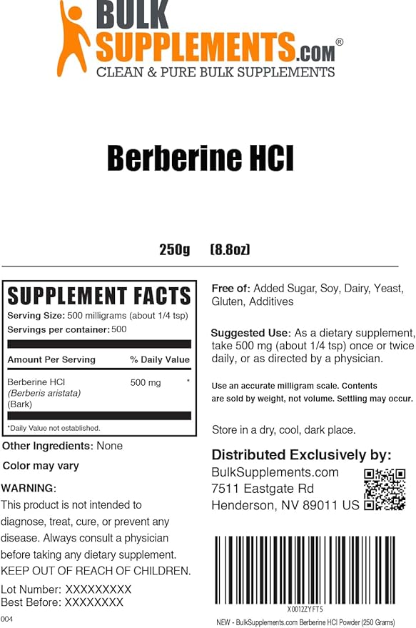BulkSupplements.com Berberine HCl Powder - Berberine Supplement, Berberine 500mg, Berberine Powder - Gluten Free, 500mg per Serving, 250g (8.8 oz) (Pack of 1)