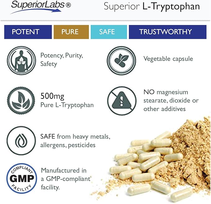 Superior Labs – Pure L-Tryptophan – 500mg, 120 Vegetable Capsules – Non-GMO Dietary Supplement for Restful Sleep & Relaxation – Supports Feelings of Well Being and Healthy Circulation Circulation
