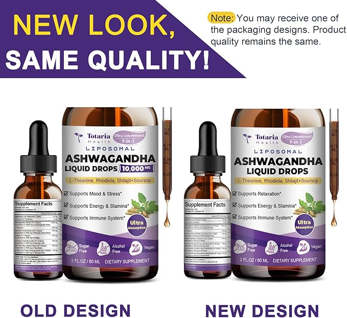 Liposomal Ashwagandha Liquid Drops, Ultra Strength Ashwa Root Extract Supplement with Shilajit, Ginseng, Magnesium, Soursop, L-Theanine, 60ml