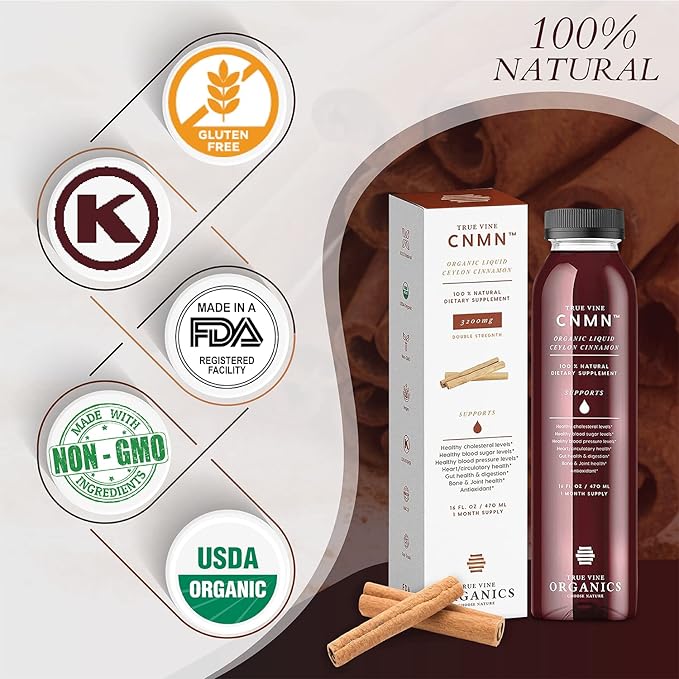 True Vine 3200mg Liquid Ceylon Cinnamon Supplement (Made in USA) for Healthy Heart, Blood Pressure, Sugar, Cholesterol, Gut & Joints — 100% Organic Ceylon Cinnamon to Fight Free Radicals (16 fl oz)