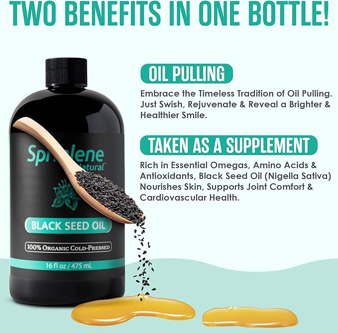 SprinJene Naturalยฎ 100% Pure Organic Black Seed Oil Cold Pressed for Oral Wellness, Nigella Sativa Black Seed Oil, Black Cumin Seed Oil Organic, Omega 3 6 9, Nourishes Skin, Supports Joint, 16 fl oz