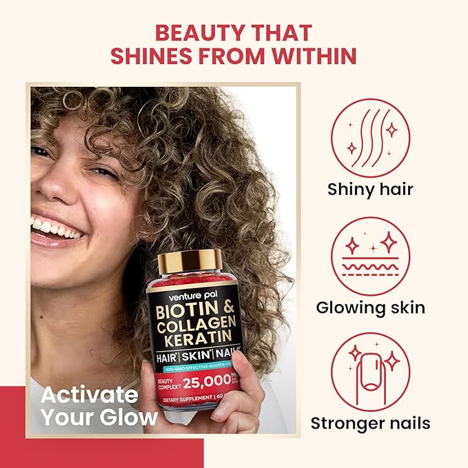 Venture Pal Biotin Gummies with Collagen & Keratin - Hair Growth Support Skin and Nail Strength Vitamins for Women & Men - Biotin 10000mcg | B-Complex | Saw Palmetto - Sugar Free, Non-GMO, 60ct