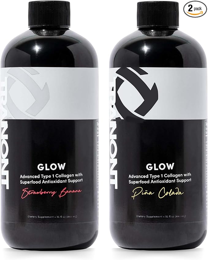 Tranont Glow 2-PK | Strawberry Banana & Piña Colada| Type 1 Collagen with Superfood Antioxidant Support | for Hair, Skin, Nails & Joints | Liquid Collagen with Hyaluronic Acid & Peptides | 30 Fl Oz