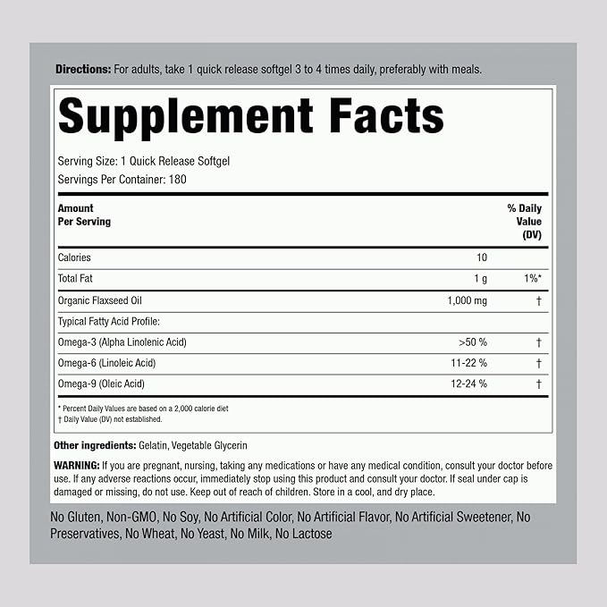 Piping Rock Flaxseed Oil 1000mg Softgel Capsules | 180 Count | Cold Pressed Supplement | Non-GMO, Gluten Free