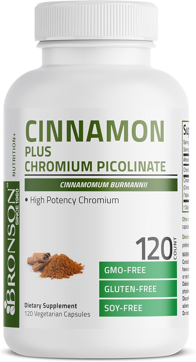 Bronson Cinnamon Plus Chromium Picolinate Supplement, High Potency Chromium, Non-GMO, 120 Vegetarian Capsules