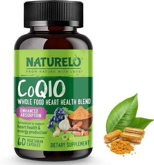 NATURELO Whole Food CoQ10 with Heart Health Blend, Powerful Antioxidant for Energy Production, 60 Capsules